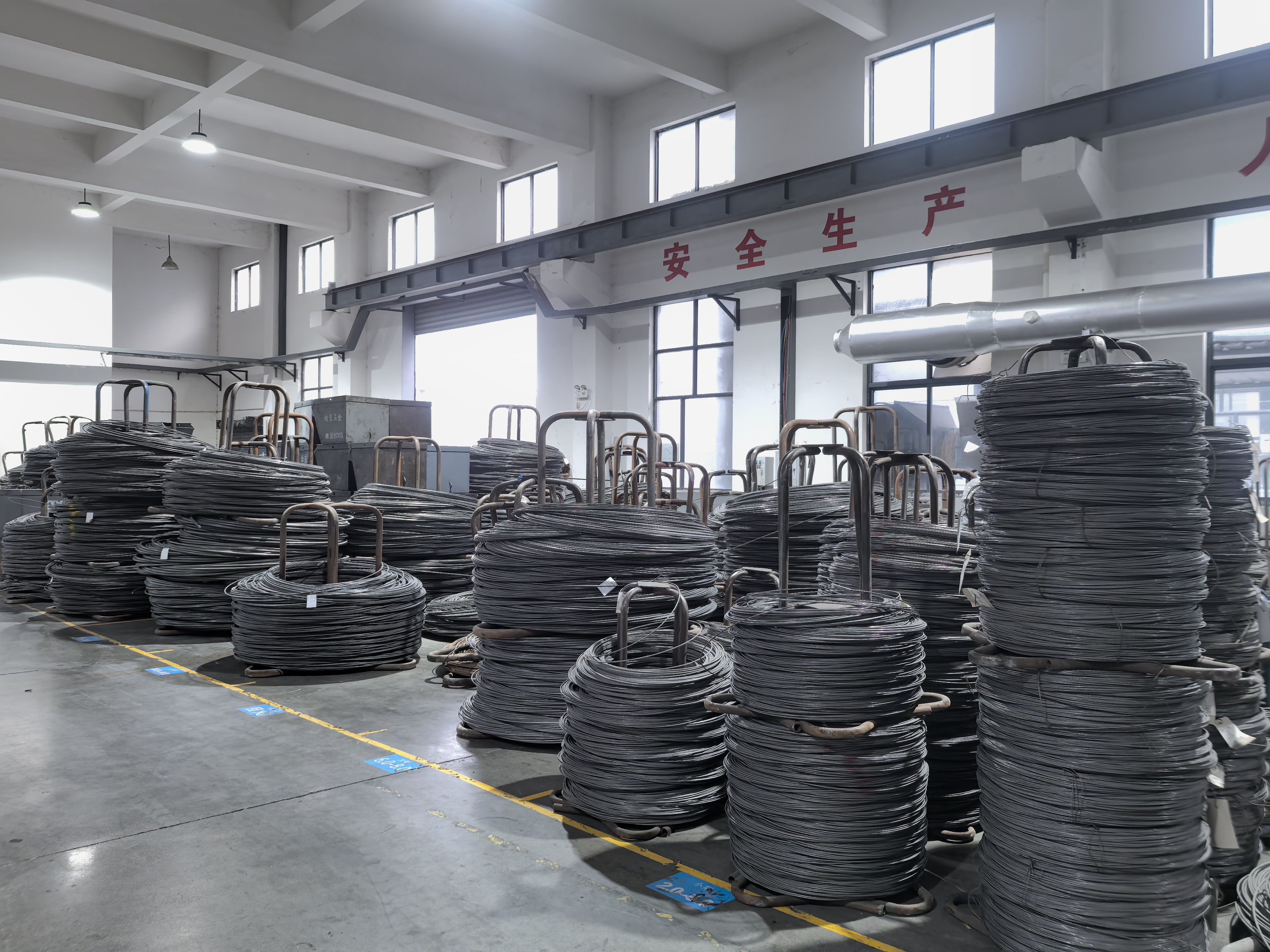 Stacks of steel wire coils as raw materials