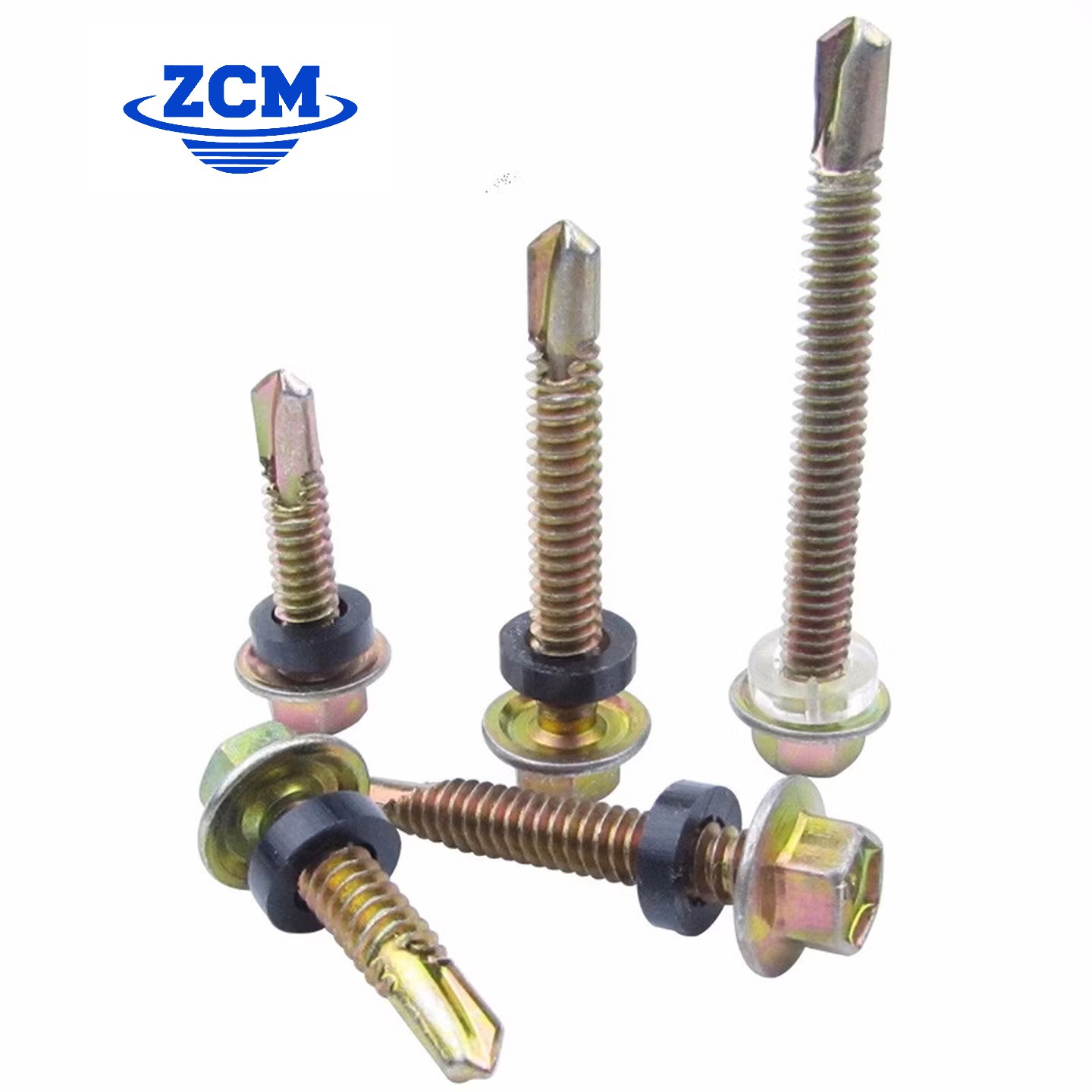 Multiple hex flange self-drilling screws in various sizes with EPDM washers by ZCM