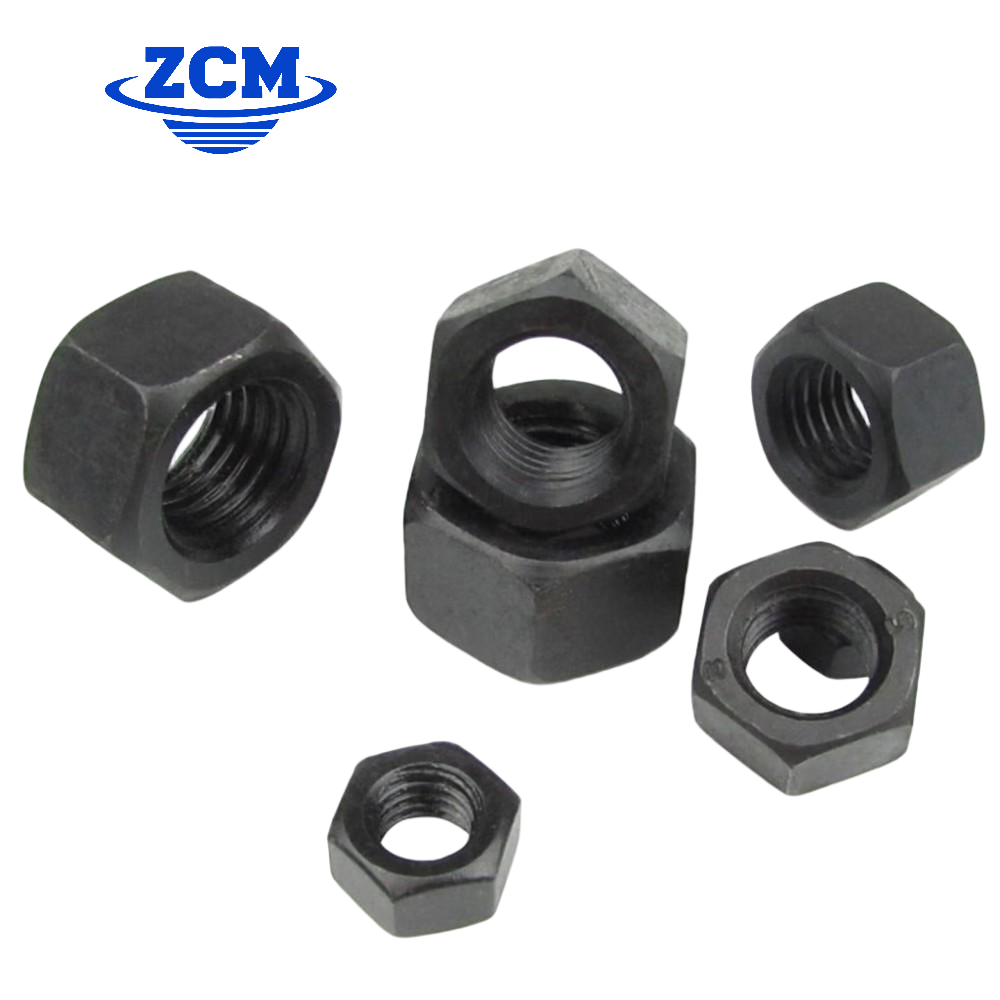 Black oxide hex nuts in various sizes showing internal threads by ZCM